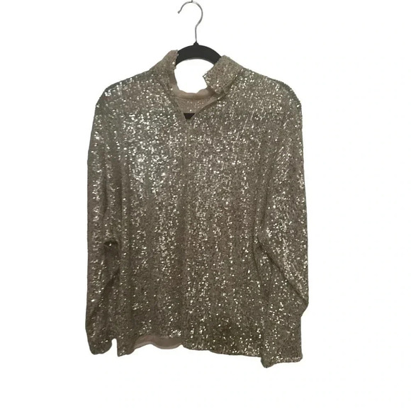H&M Women's Silver Long Sleeves Sequin High Neck Oversized Top Size S/M - Picture 3 of 7